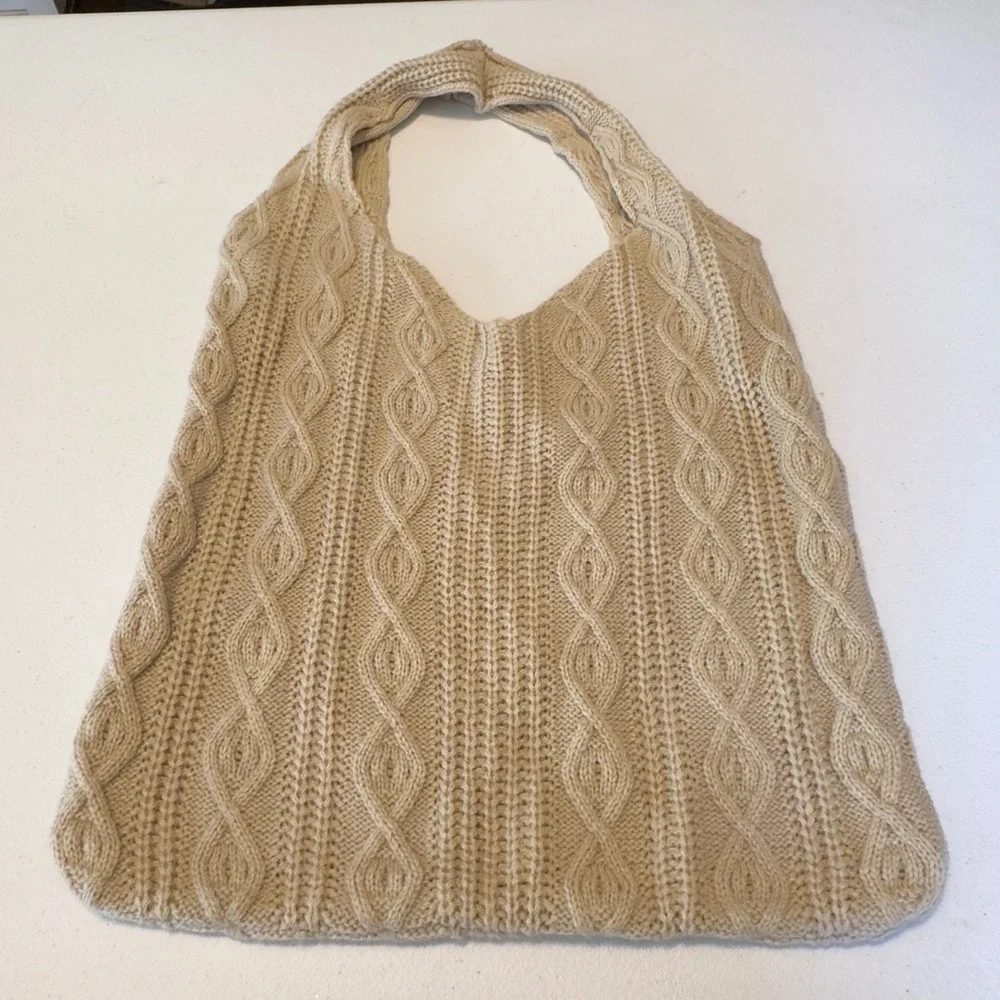 Cream Cable Knit Hobo Bag Slouchy Tote Shoulder Bag Bohemian Beige Chunky Knit